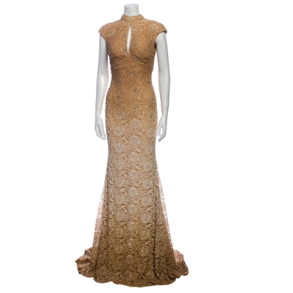 JOVANI Ombré Gold Cap-sleeve Sequined Lace Gown Formal Dress Prom